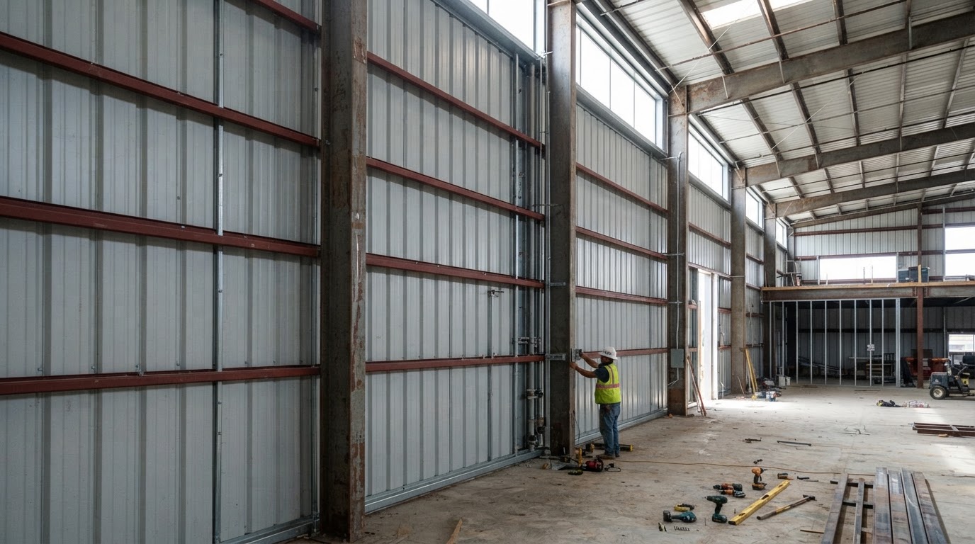 Uninsulated metal building wall before closed-cell spray foam near Hampstead, North Carolina