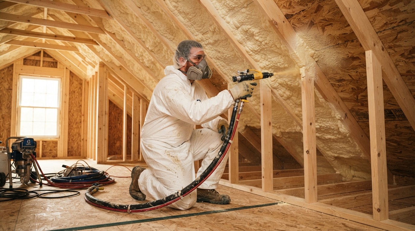 Spray foam insulation being applied inside a residential building in Wilmington, North Carolina.