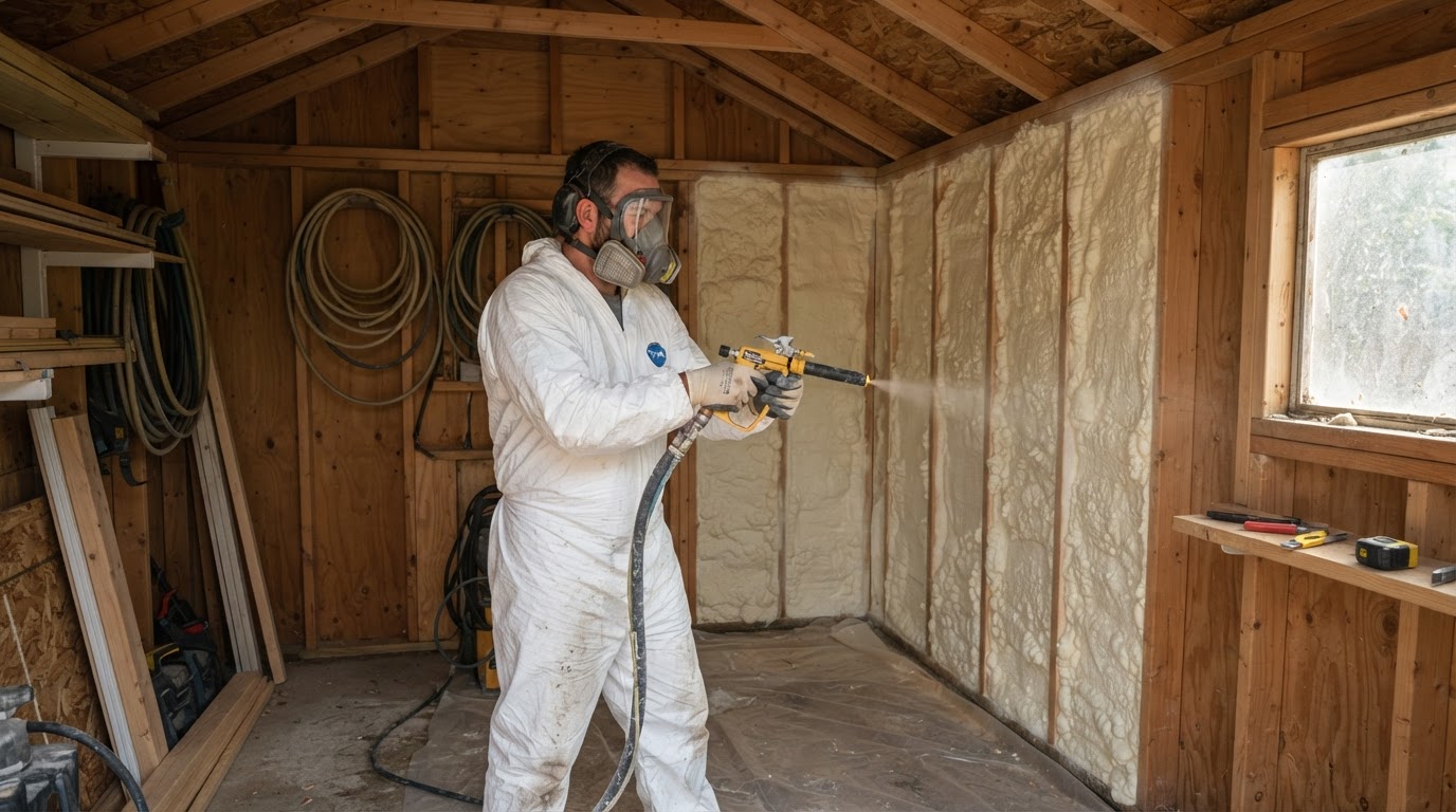 Spray foam insulation being applied to the interior wall framing of a backyard storage shed near Wilmington, North Carolina.