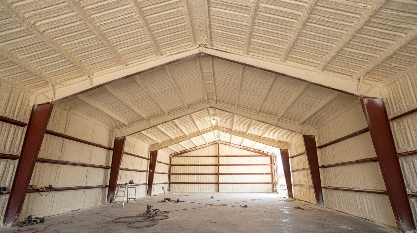 Steel building roof insulated with closed-cell spray foam near Hampstead, North Carolina