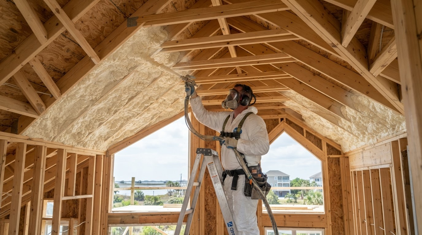 Spray foam insulation being applied to the roofline framing of a coastal new construction home near Surf City, North Carolina.
