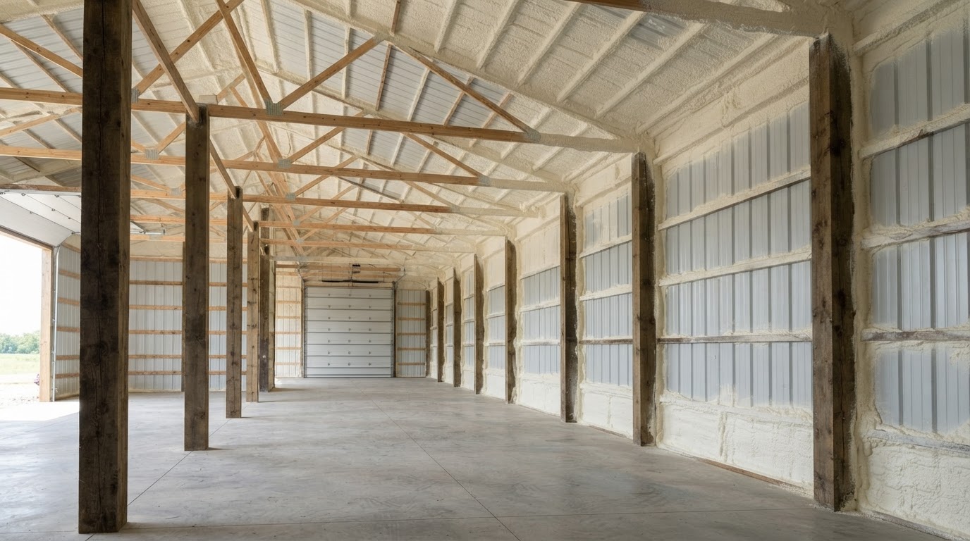 Pole barn walls insulated with spray foam in Hampstead, North Carolina