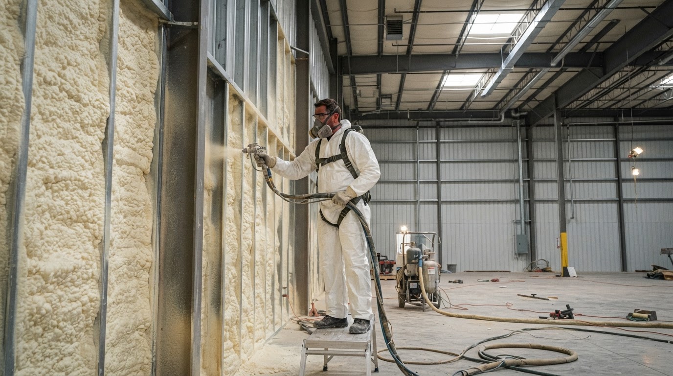 Commercial spray foam insulation installation in Wilmington NC inside a large warehouse building.