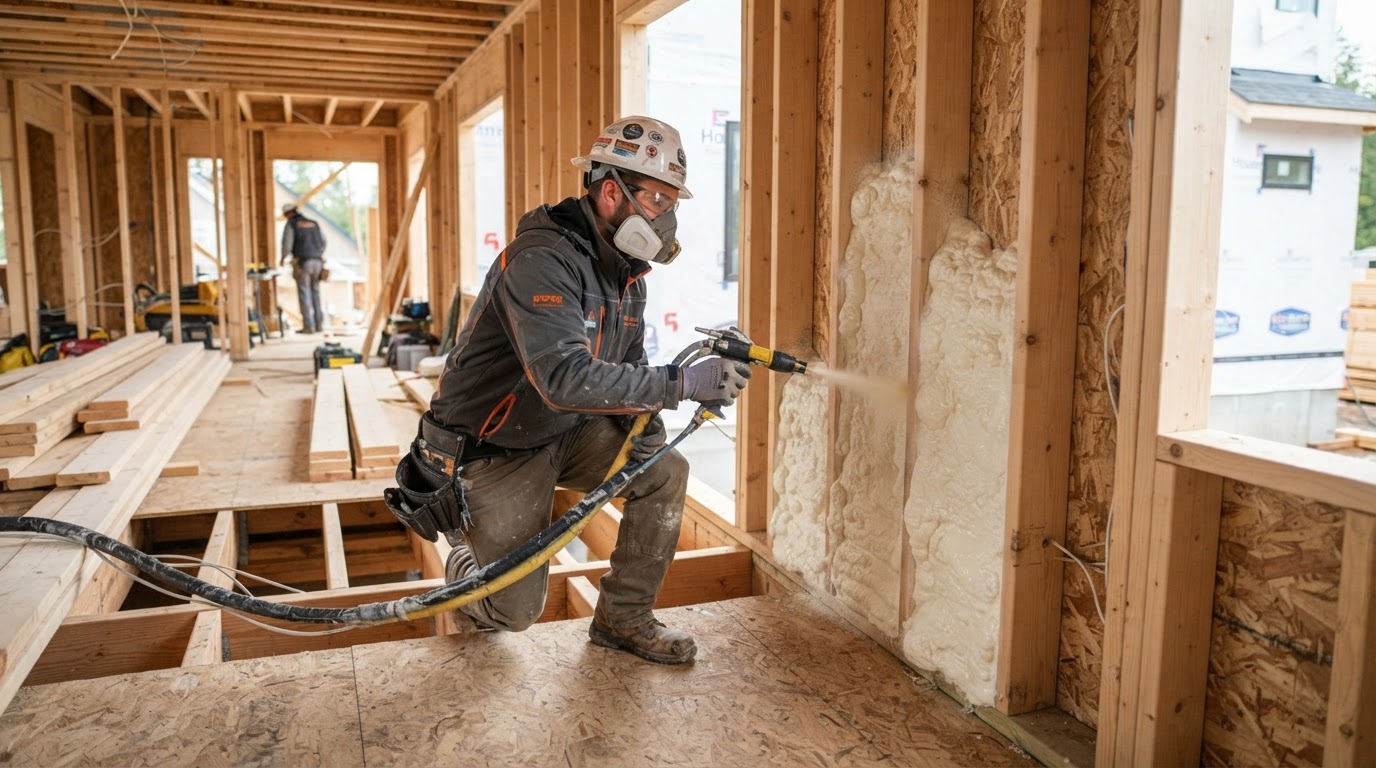 Spray foam insulation installation inside a new construction home in Wilmington, North Carolina.