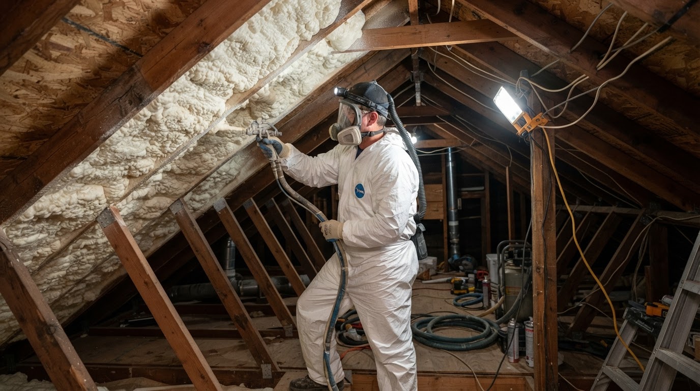 Existing home attic being upgraded with spray foam insulation during a retrofit in Wilmington, North Carolina.