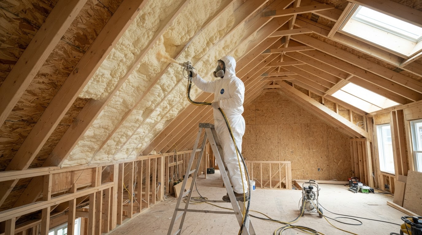 Technician applying spray foam insulation between rafters in a vaulted ceiling assembly near Wilmington, North Carolina.