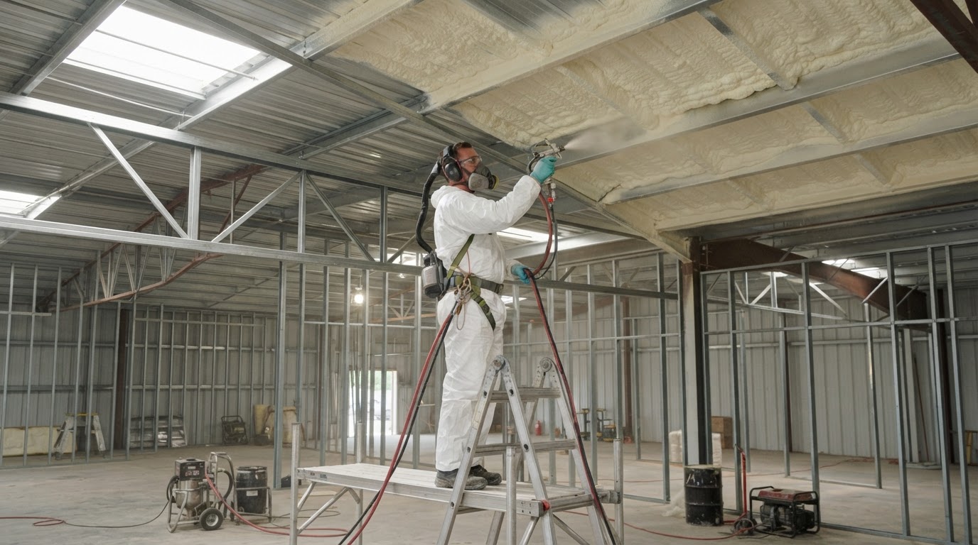 Spray foam insulation being applied to the underside of an interior metal roof deck inside a steel building near Wilmington, North Carolina.