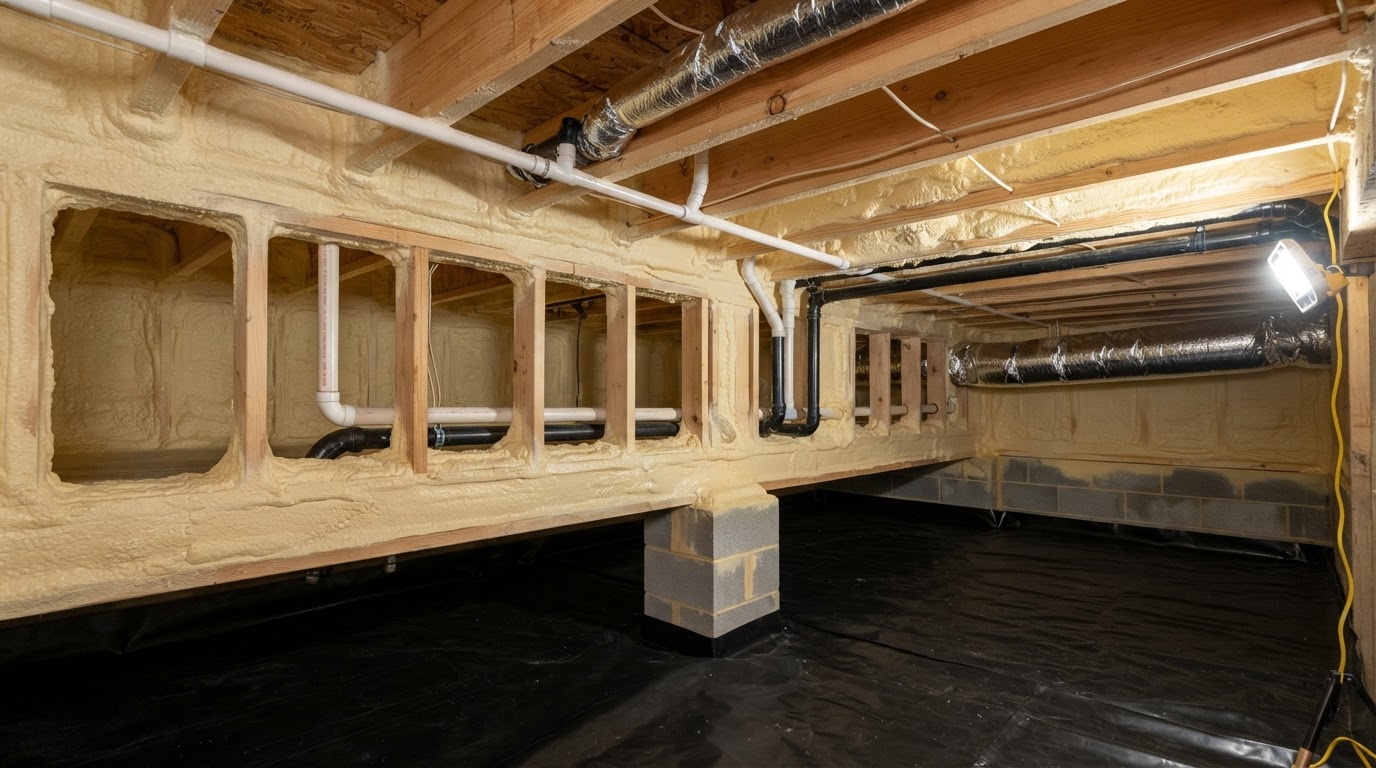 Crawl space rim joists and walls insulated with spray foam near Hampstead, North Carolina