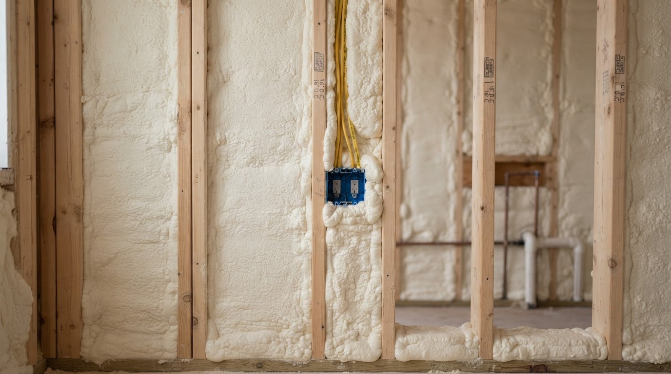 Wall cavities filled with soft open-cell spray foam in Hampstead, North Carolina