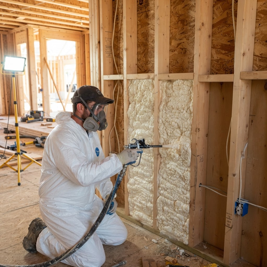 Close view of open-cell spray foam being applied inside residential wall framing in Wilmington, North Carolina.