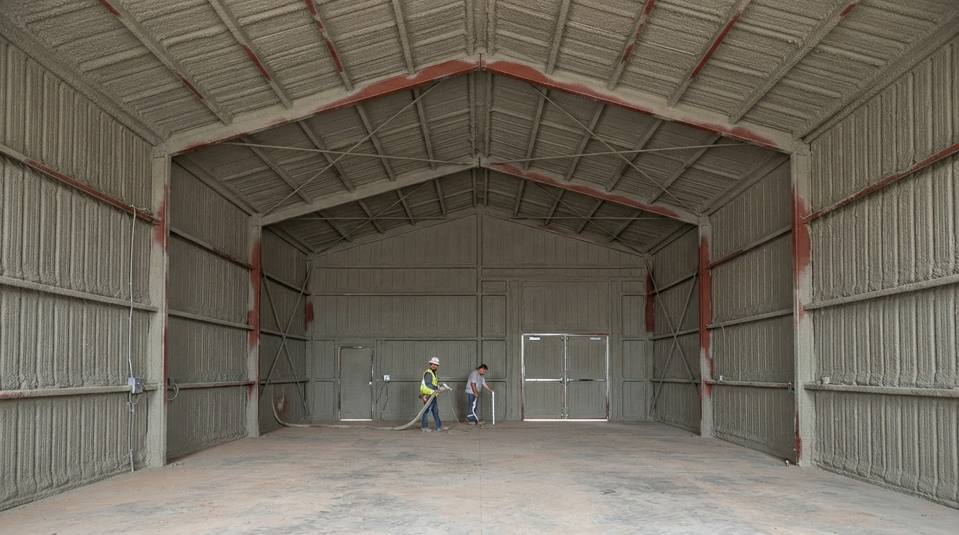 Commercial steel-frame wall after spray foam insulation near Hampstead, North Carolina