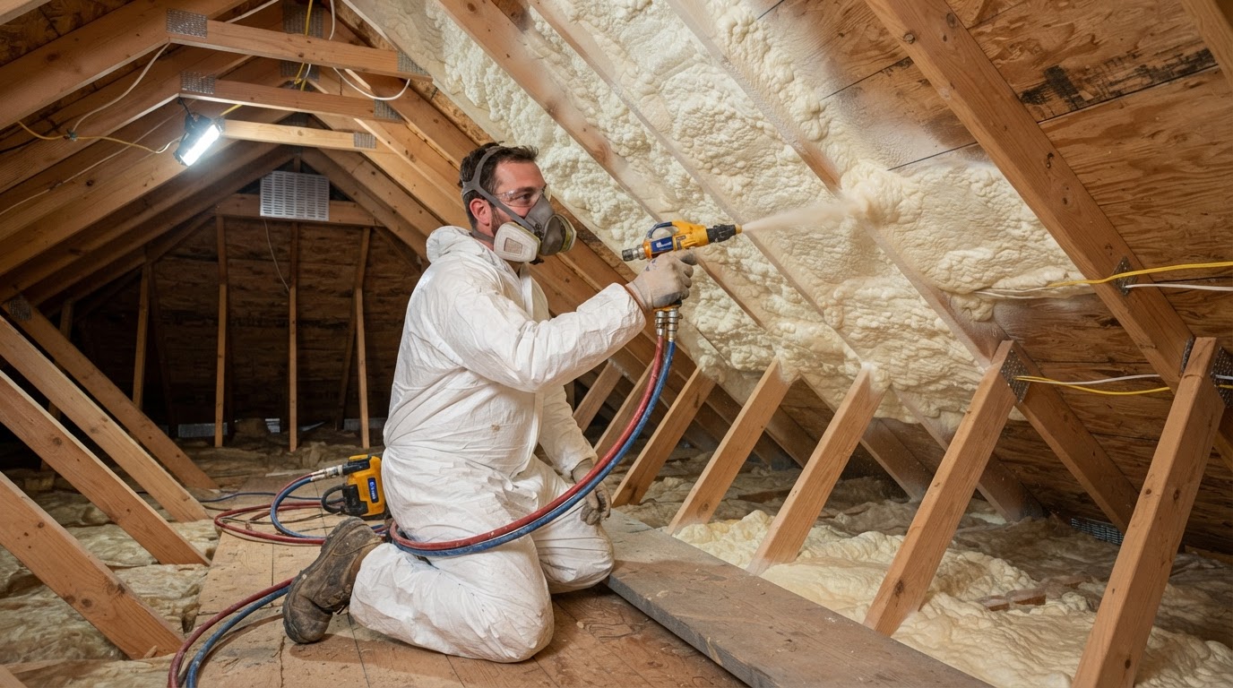 Spray foam applied along the underside of an attic roof deck in Wilmington, North Carolina.
