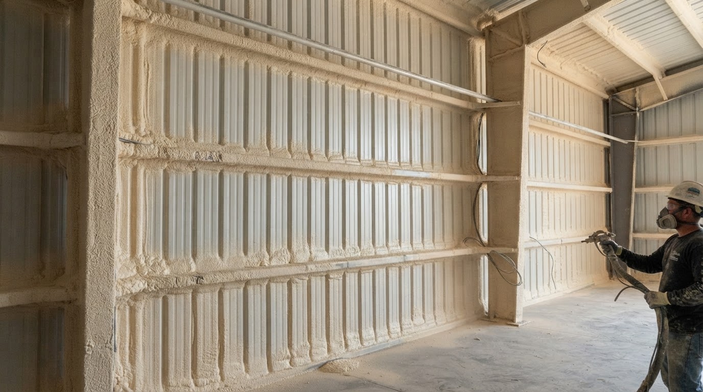 Metal building wall with dense closed-cell spray foam applied near Hampstead, North Carolina
