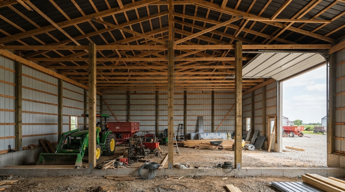 Post-frame agricultural building with open cavities before spray foam in Hampstead, North Carolina