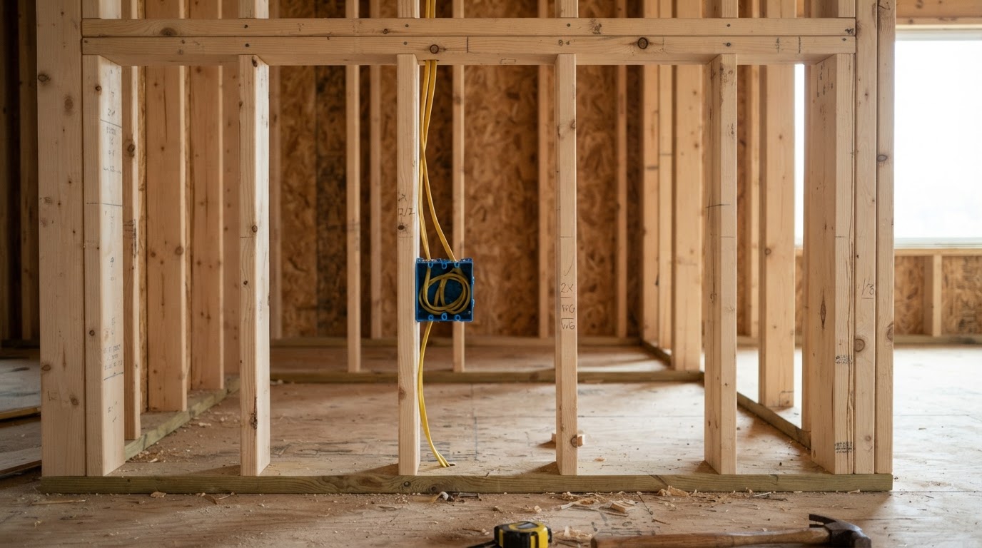 Empty wood-framed wall cavity before open-cell spray foam in Hampstead, North Carolina