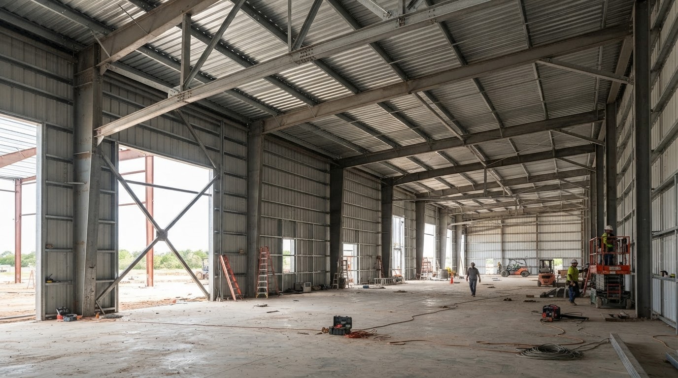 Uninsulated steel building roof and framing before spray foam near Hampstead, North Carolina