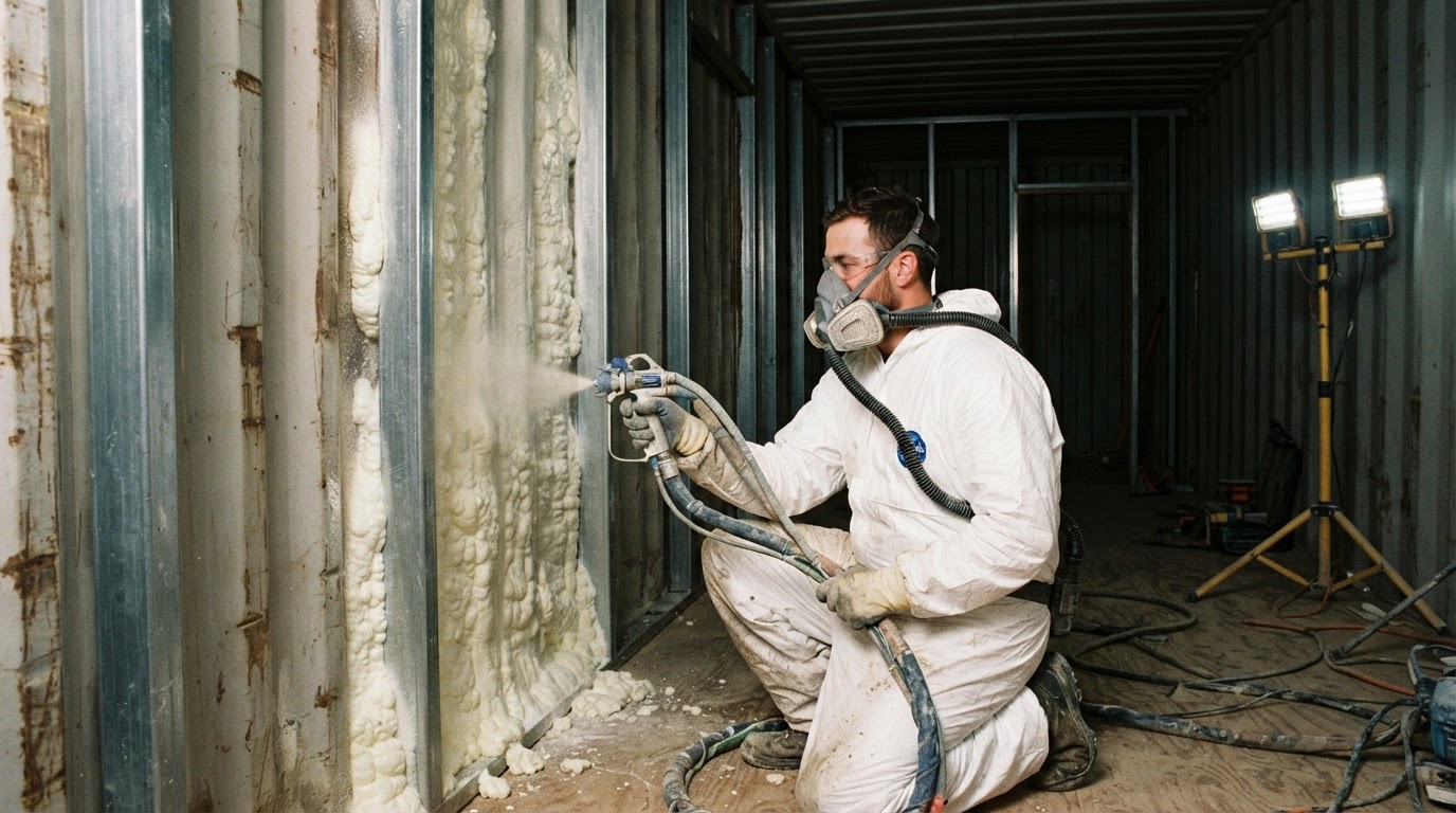Closed-cell spray foam installation inside a steel shipping container near Wilmington, North Carolina.