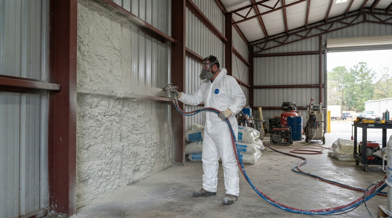 Closed-cell spray foam insulation being applied to the interior metal wall of a metal building near Castle Hayne, North Carolina.