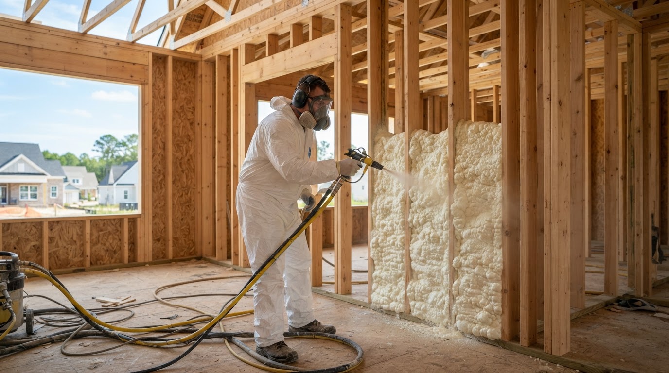 Spray foam insulation being applied to the wall framing of a new construction home near Leland, North Carolina.