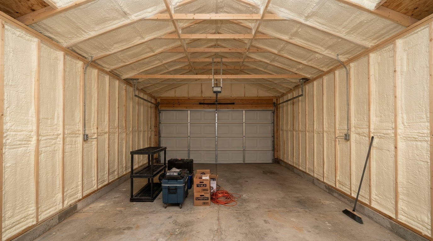Garage walls and ceiling insulated with spray foam near Hampstead, North Carolina