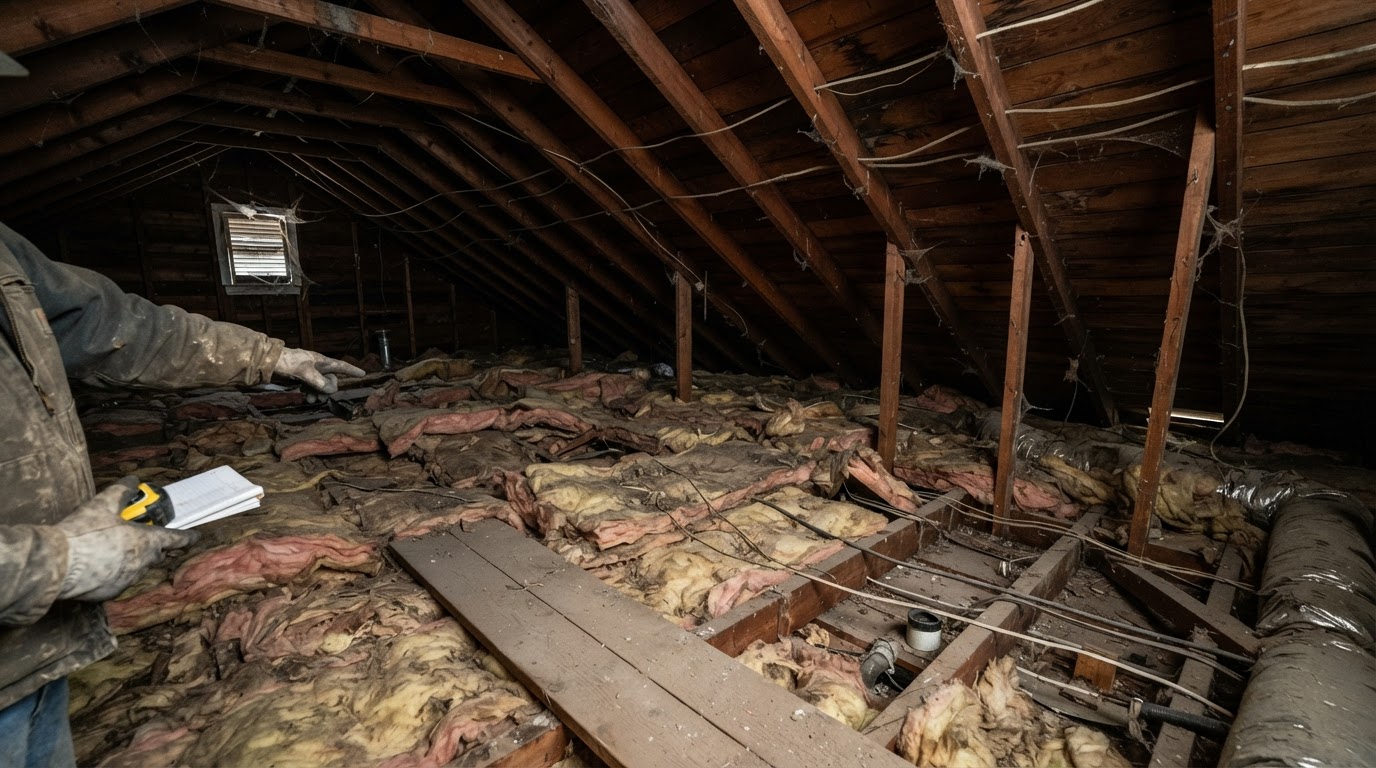 Older attic with deteriorated insulation before a spray foam retrofit near Hampstead, North Carolina