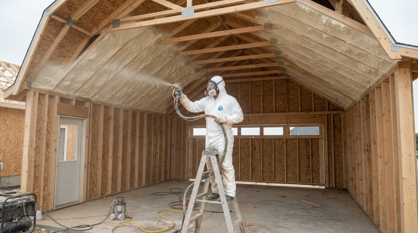 Spray foam insulation being applied to the open wall framing of a standalone detached garage near Wilmington, North Carolina.