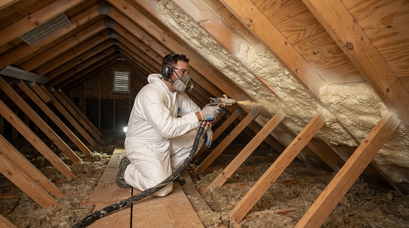 Technician applying spray foam insulation along an attic roofline near Hampstead, North Carolina.