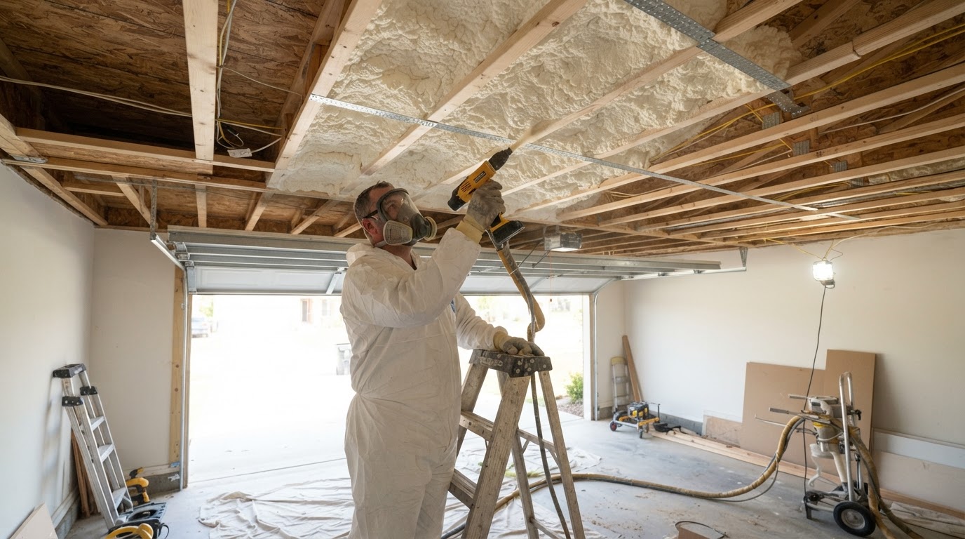 Spray foam insulation being installed in the open ceiling framing below a bonus room over a garage in Wilmington, North Carolina.