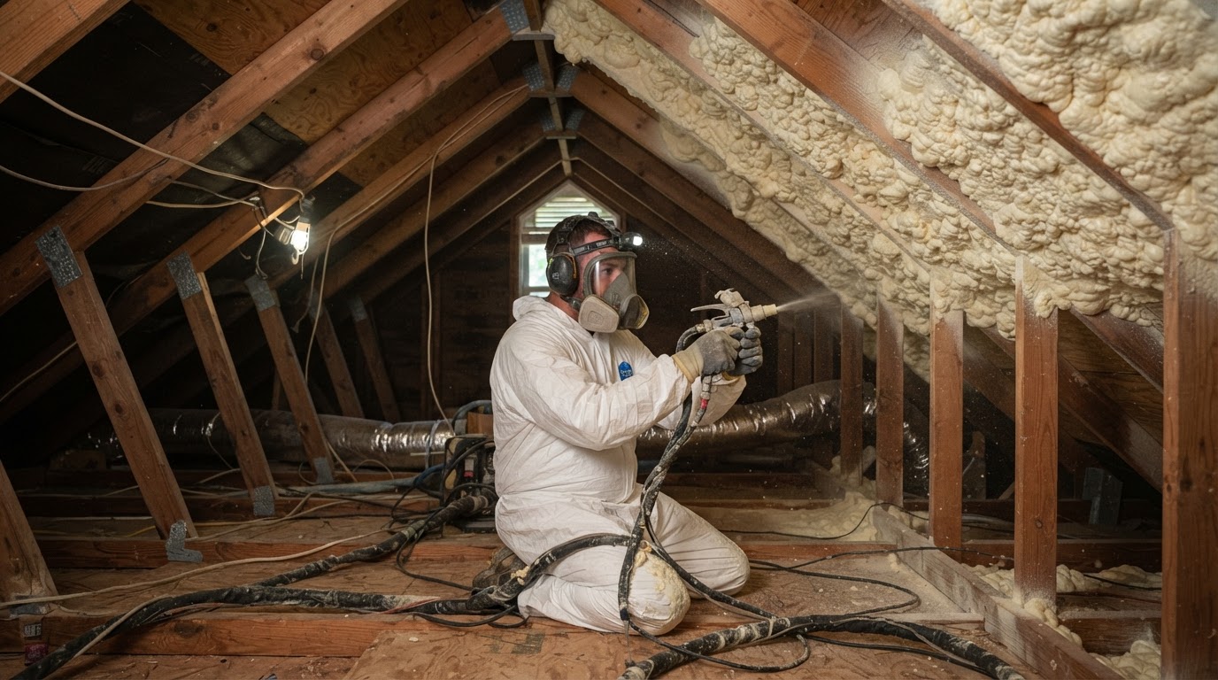 Spray foam insulation being applied to the attic roofline of an existing coastal home near Kure Beach, North Carolina.