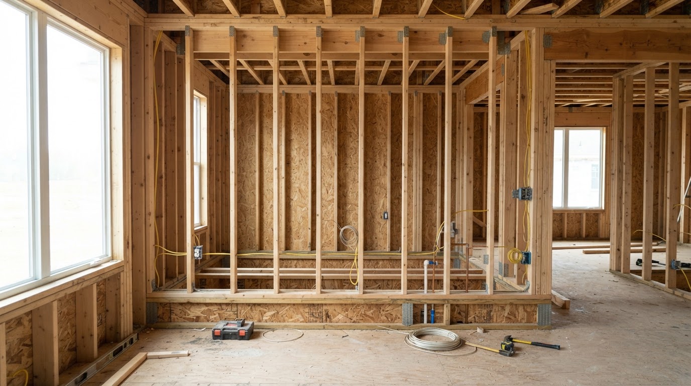 Empty residential wall and floor framing before spray foam insulation in Hampstead, North Carolina
