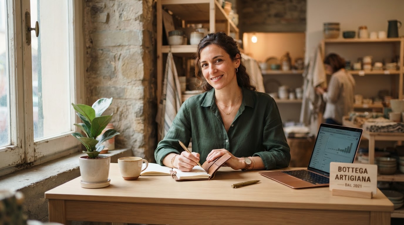 Professionista italiana alla scrivania nel suo negozio