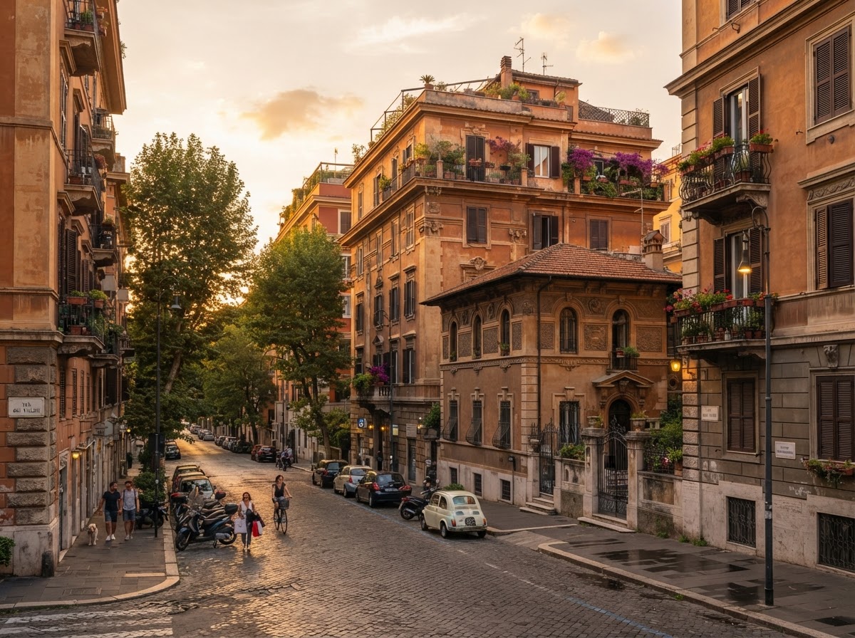 Via del quartiere Nomentano a Roma al tramonto, palazzi residenziali eleganti tipici dell'acquisto diretto