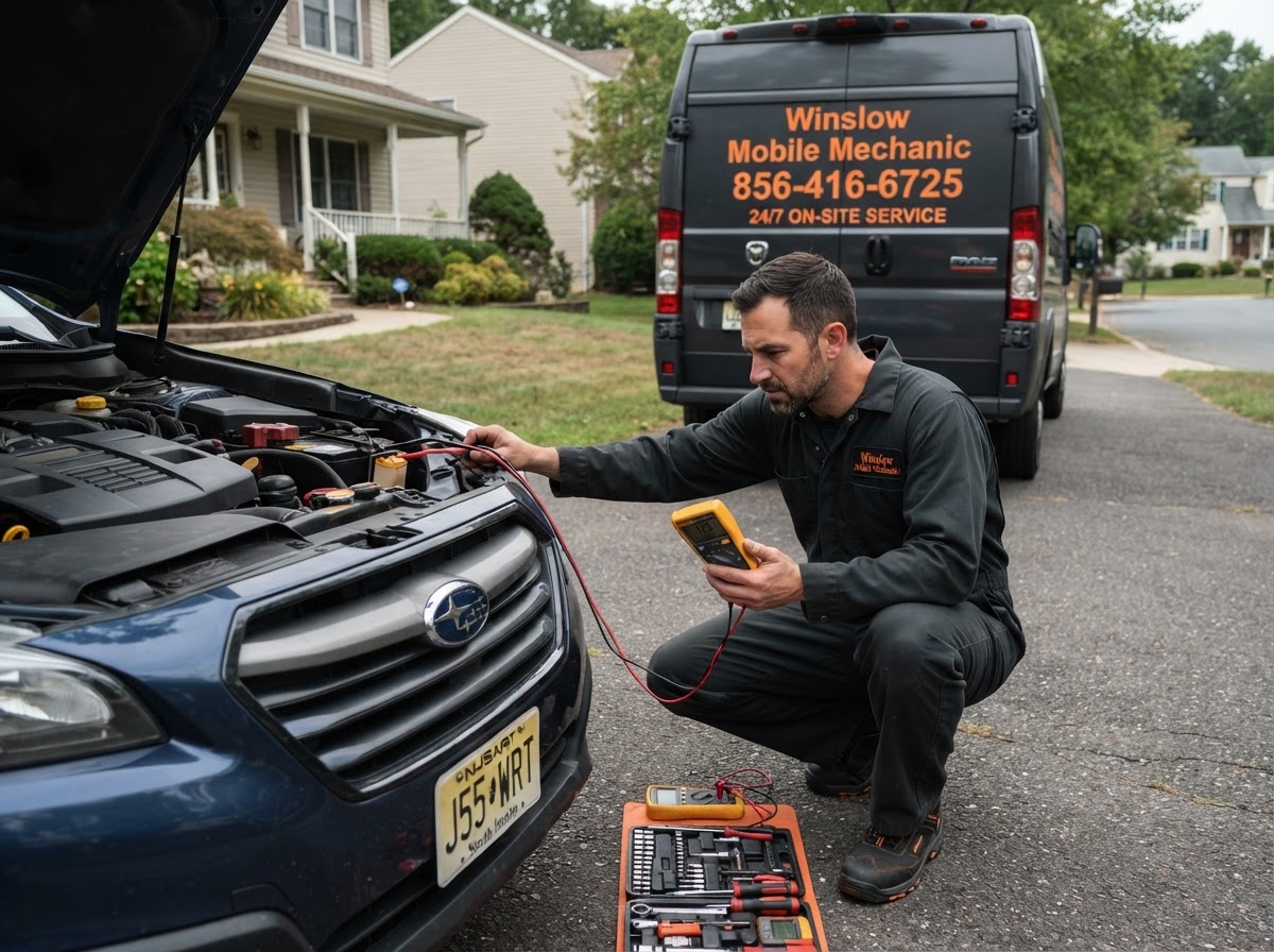 Winslow Mobile Mechanic performing on-site no-start diagnostics with a digital multimeter at a South Jersey driveway