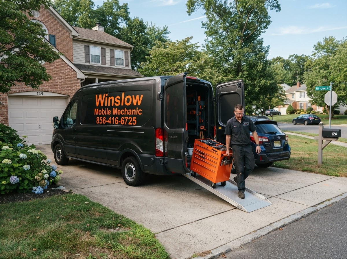 Winslow Mobile Mechanic arriving at a South Jersey home in a dark charcoal service van with a rolling tool box