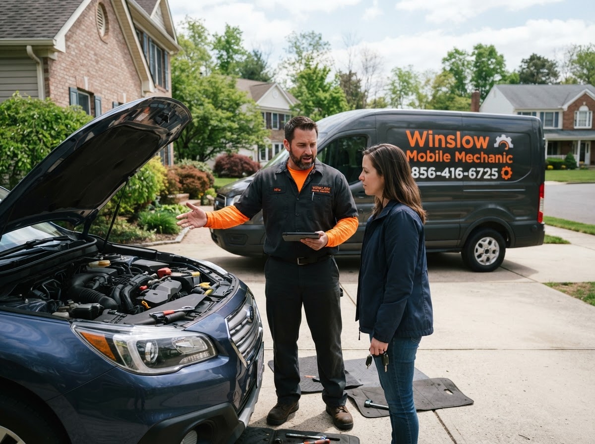 Winslow Mobile Mechanic explaining an on-site repair to a vehicle owner at a South Jersey driveway