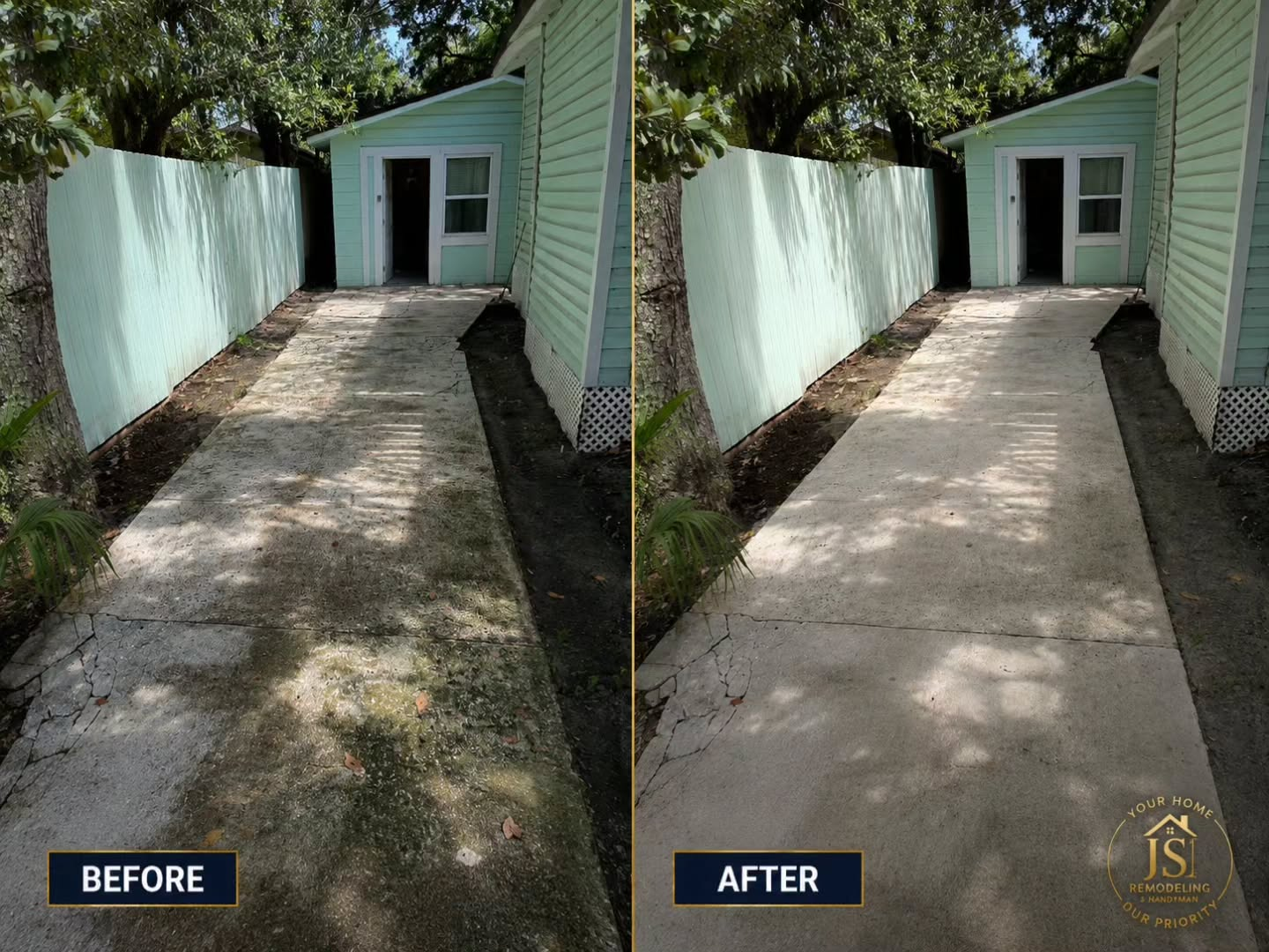 Before and after exterior pressure washing of a concrete walkway by JS Remodeling & Handyman in Jacksonville