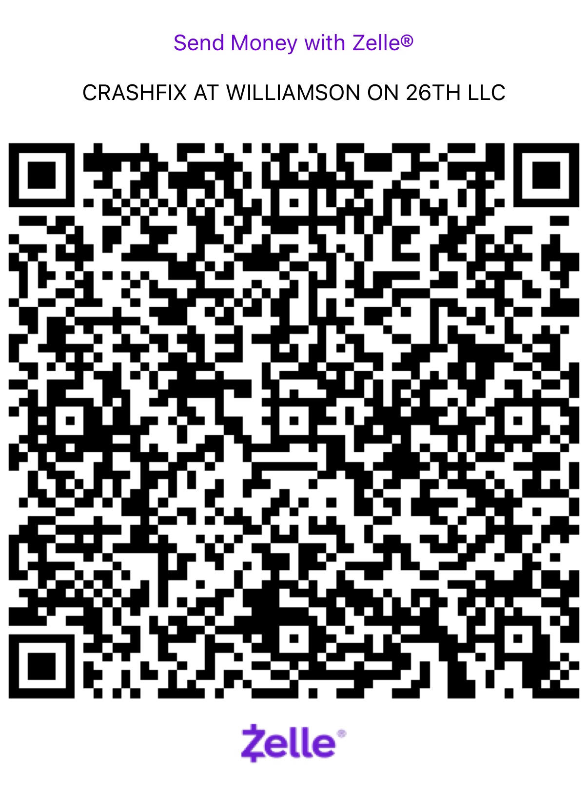 Zelle QR Code - CRASHFIX AT WILLIAMSON ON 26TH LLC