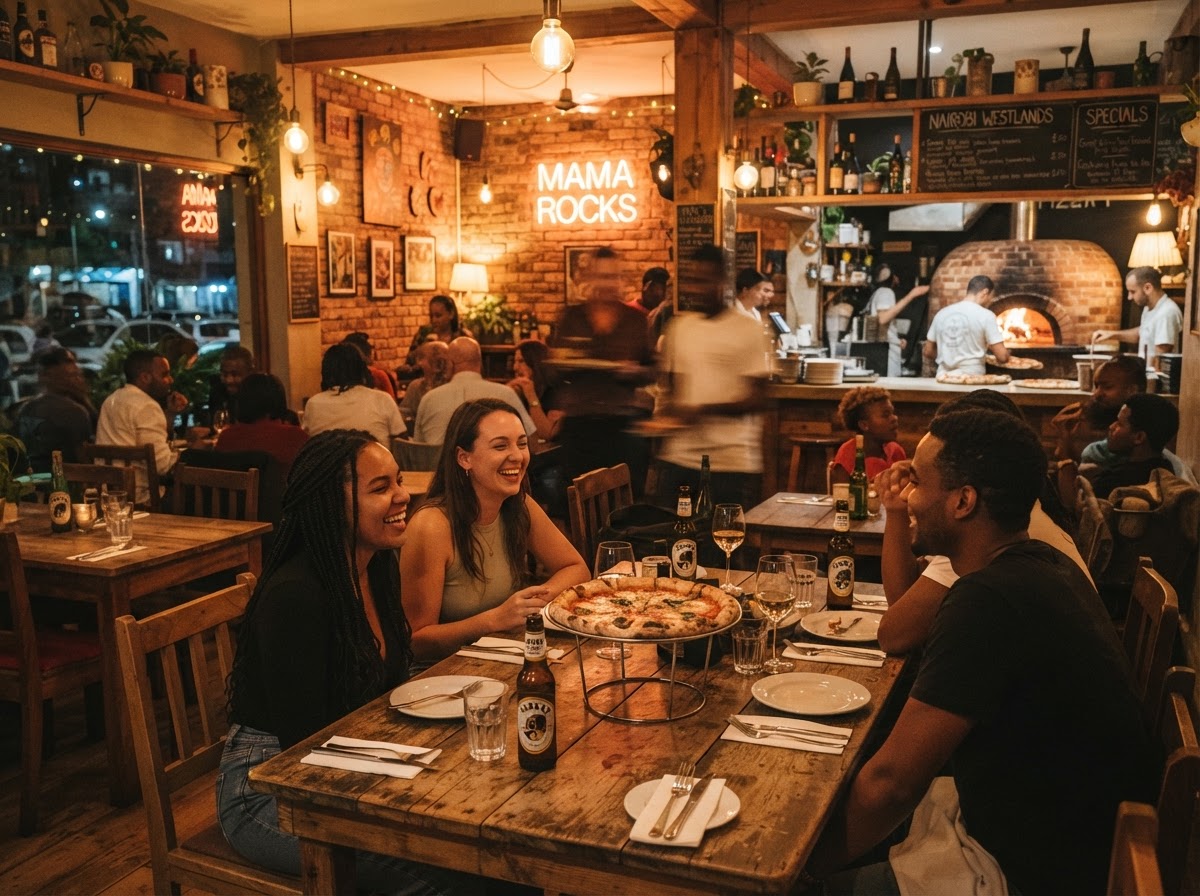 Warm pizzeria interior in Westlands Nairobi, community atmosphere
