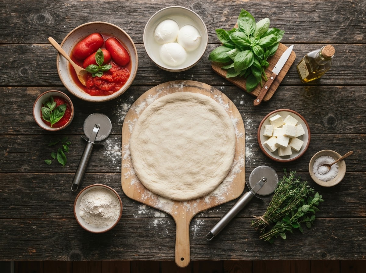 Fresh artisanal pizza ingredients — San Marzano tomatoes, mozzarella, basil, truffle oil
