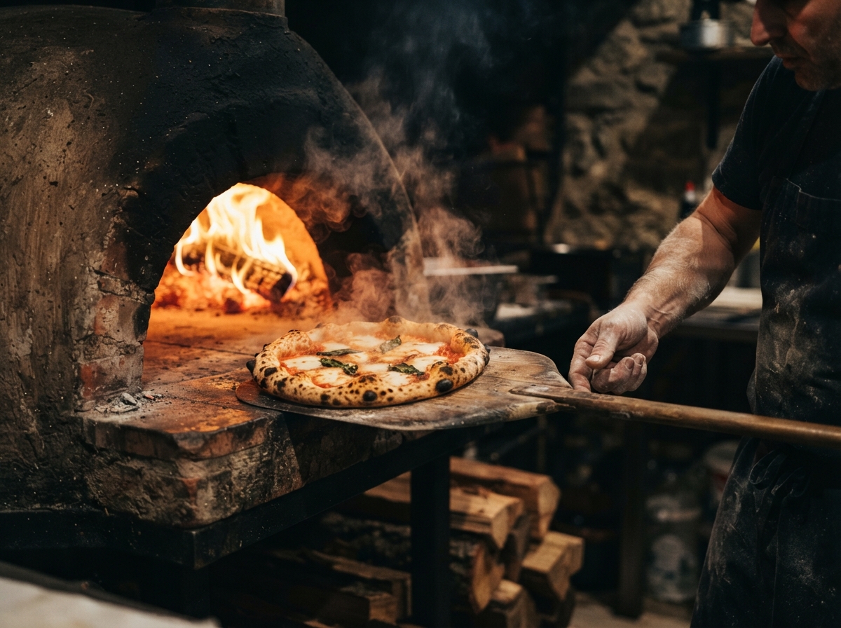 Traditional clay oven with bright orange flames, blistered pizza crust