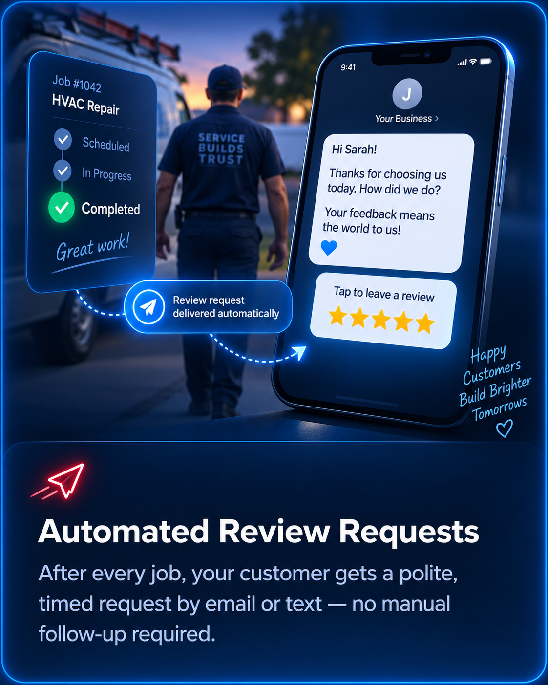 Automated Review Requests - Smartphone with timed review notification after job completion