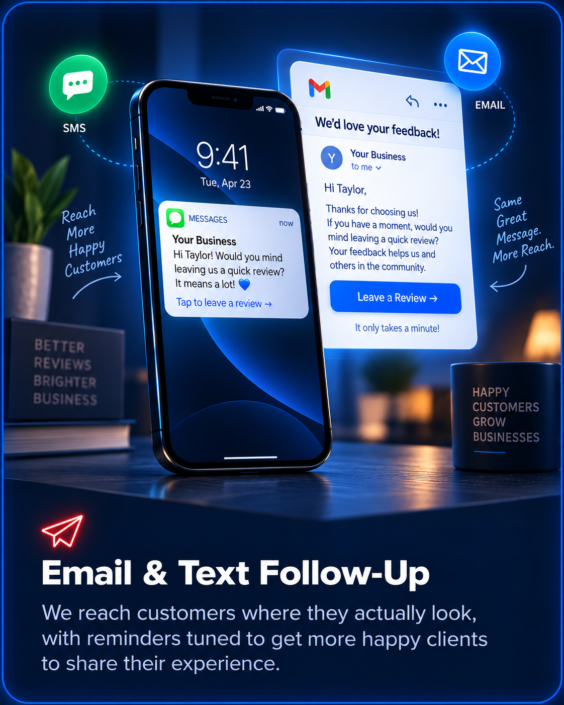 Email & Text Follow-Up - Simultaneous SMS and Email review reminders on smartphone screen