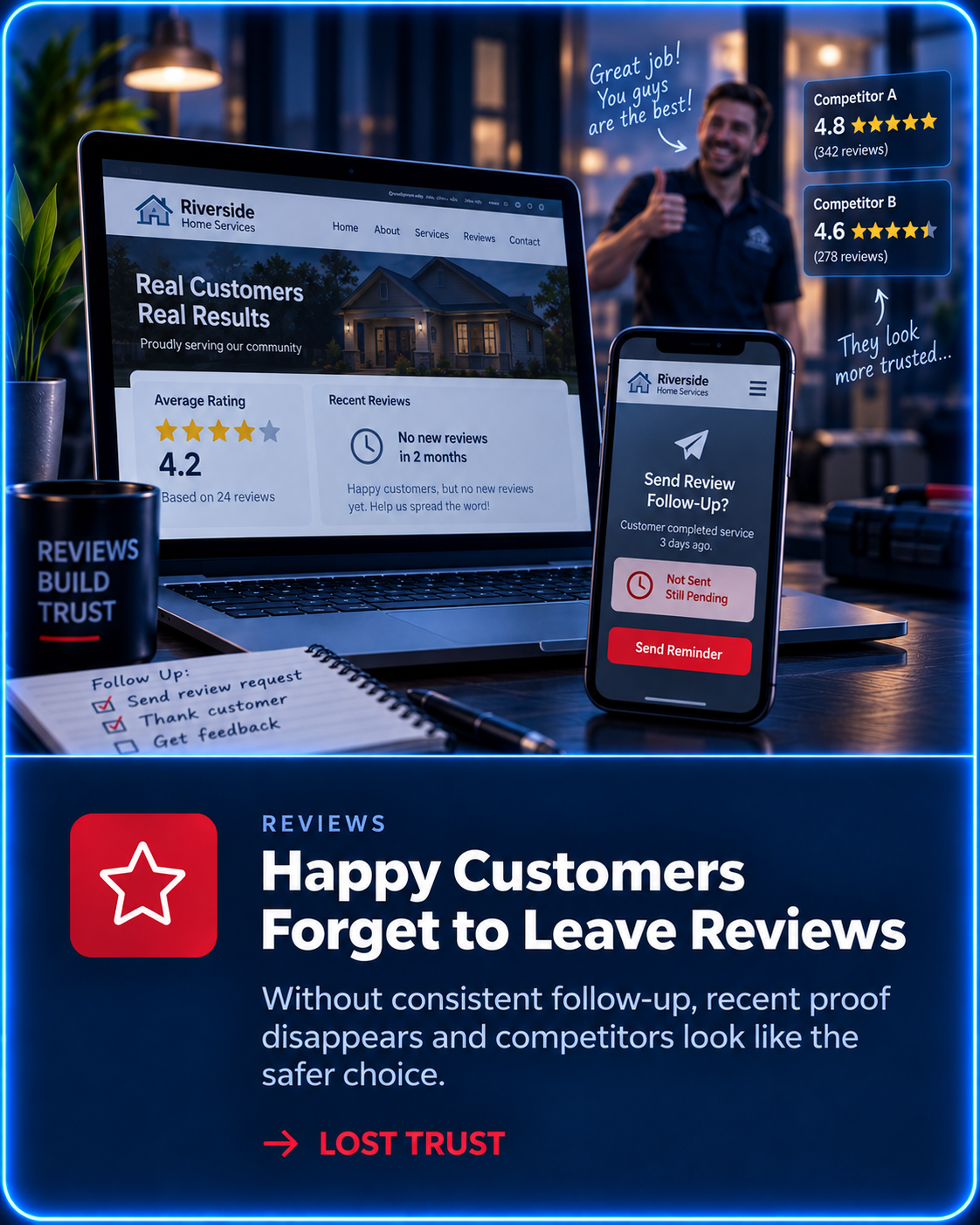 Happy Customers Forget to Leave Reviews — without consistent follow-up, competitors look safer and trust is lost
