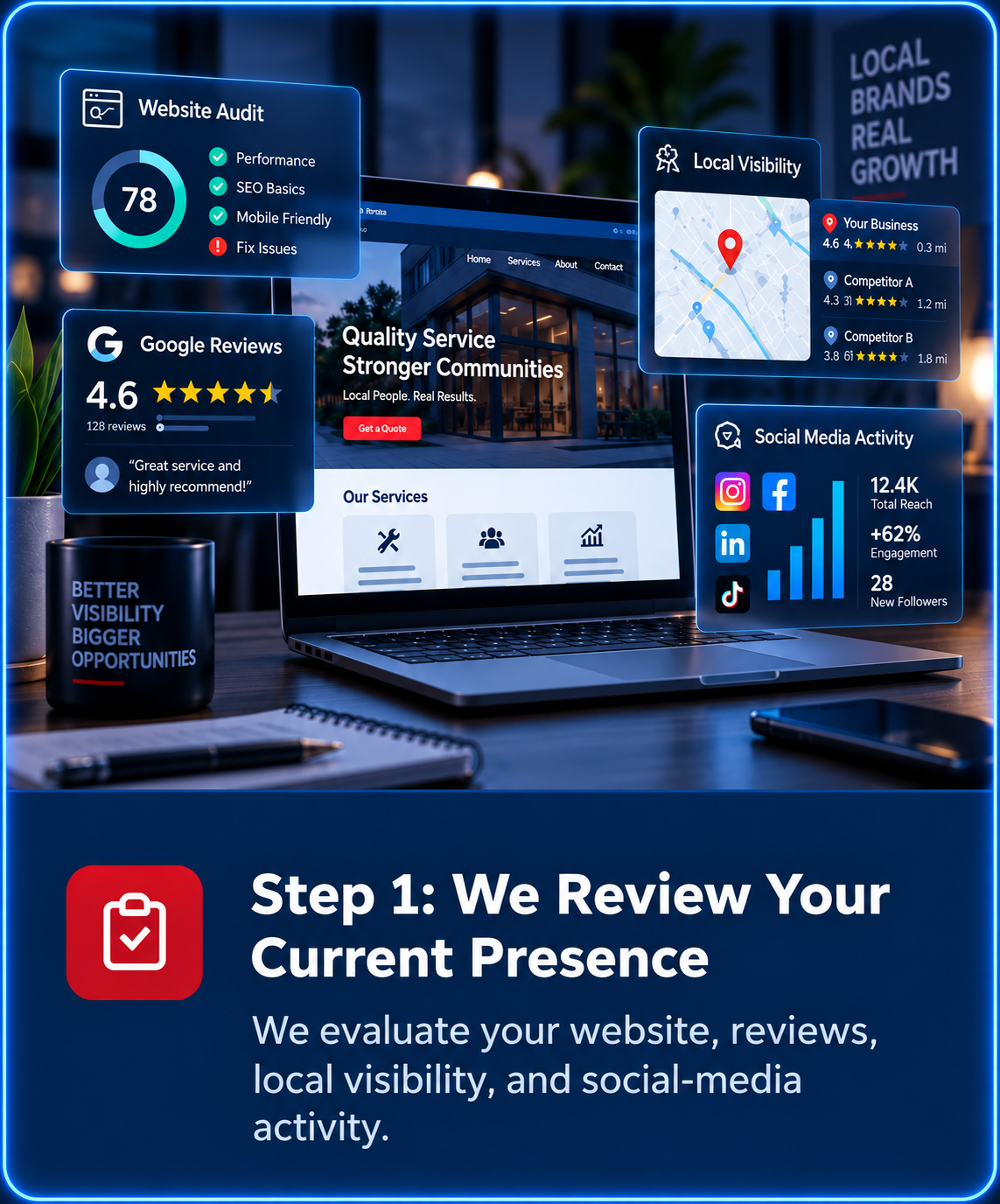 Step 1: We Review Your Current Presence - Laptop showing website audit, Google reviews, local visibility map, and social media activity