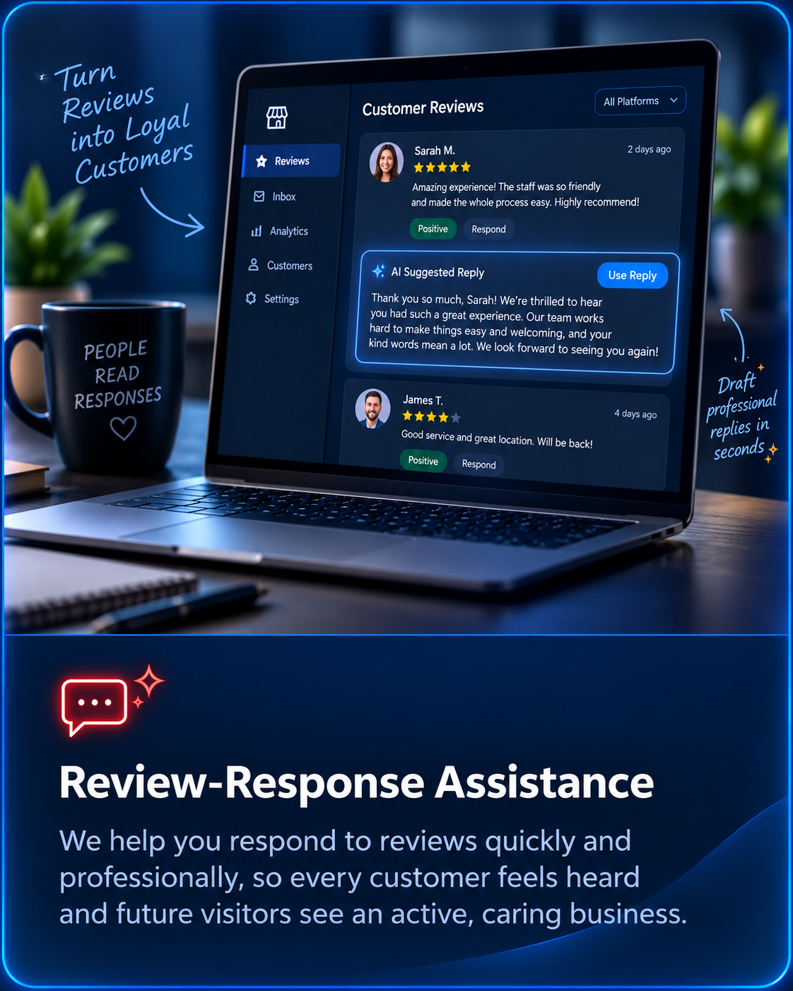 Review-Response Assistance - Laptop interface with AI suggested reply to customer review