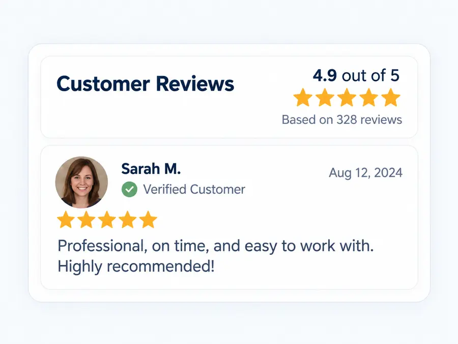 Recent five-star customer review building trust in a local service business