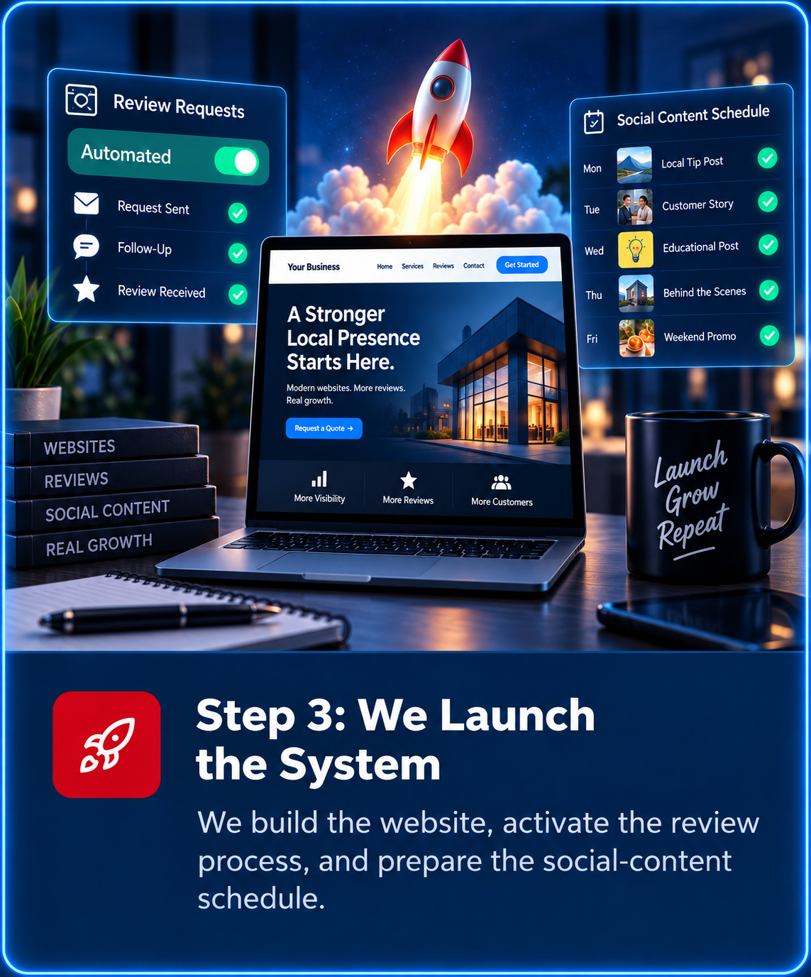 Step 3: We Launch the System - Rocket launching over laptop showing business website, automated review requests, and social schedule