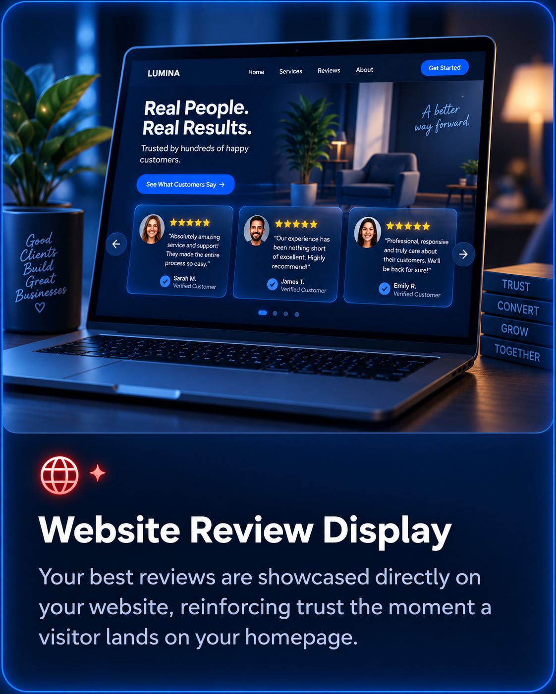 Website Review Display - Website homepage featuring glowing 5-star customer testimonials