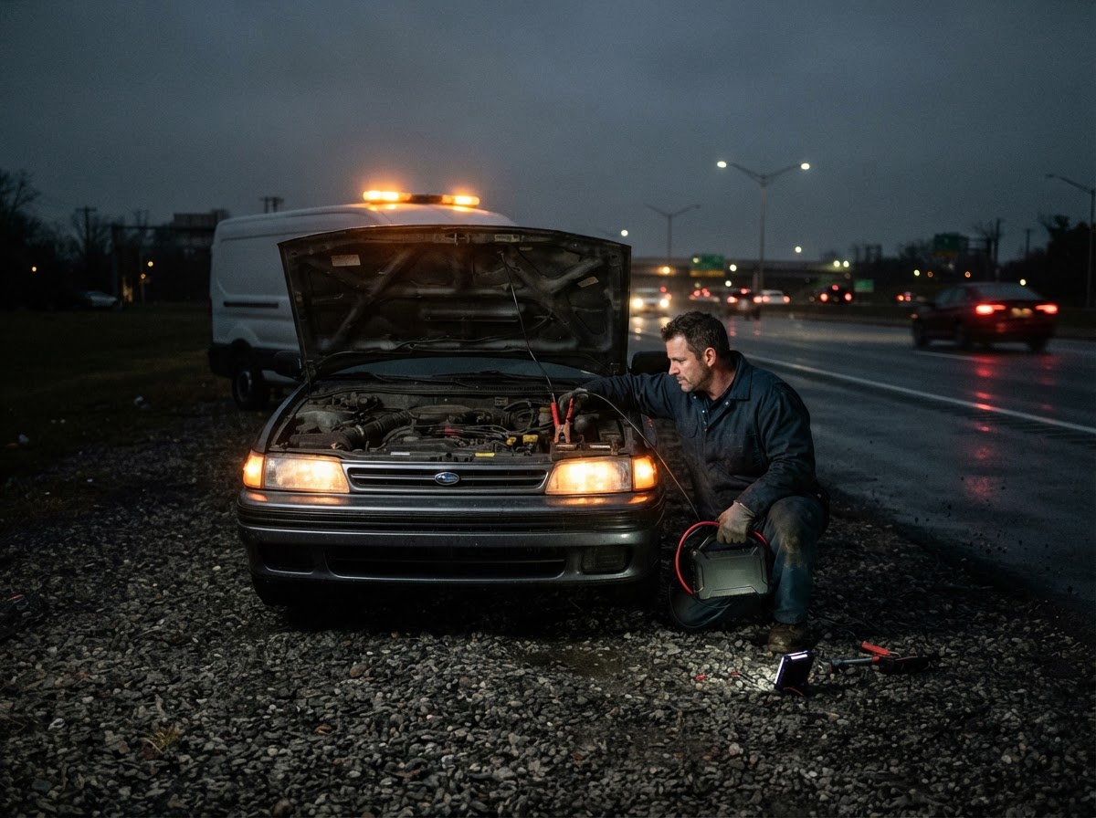 A mobile mechanic jump-starting a car on a Long Island highway shoulder at night beside an unbranded service van — emergency roadside assistance in Freeport, NY.