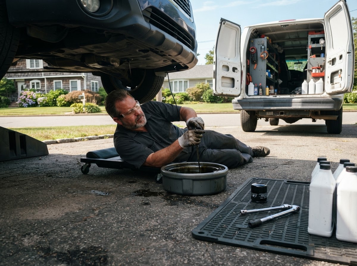 A mobile mechanic performing an oil change in a residential driveway on Long Island — mobile oil change and maintenance in Freeport, NY.
